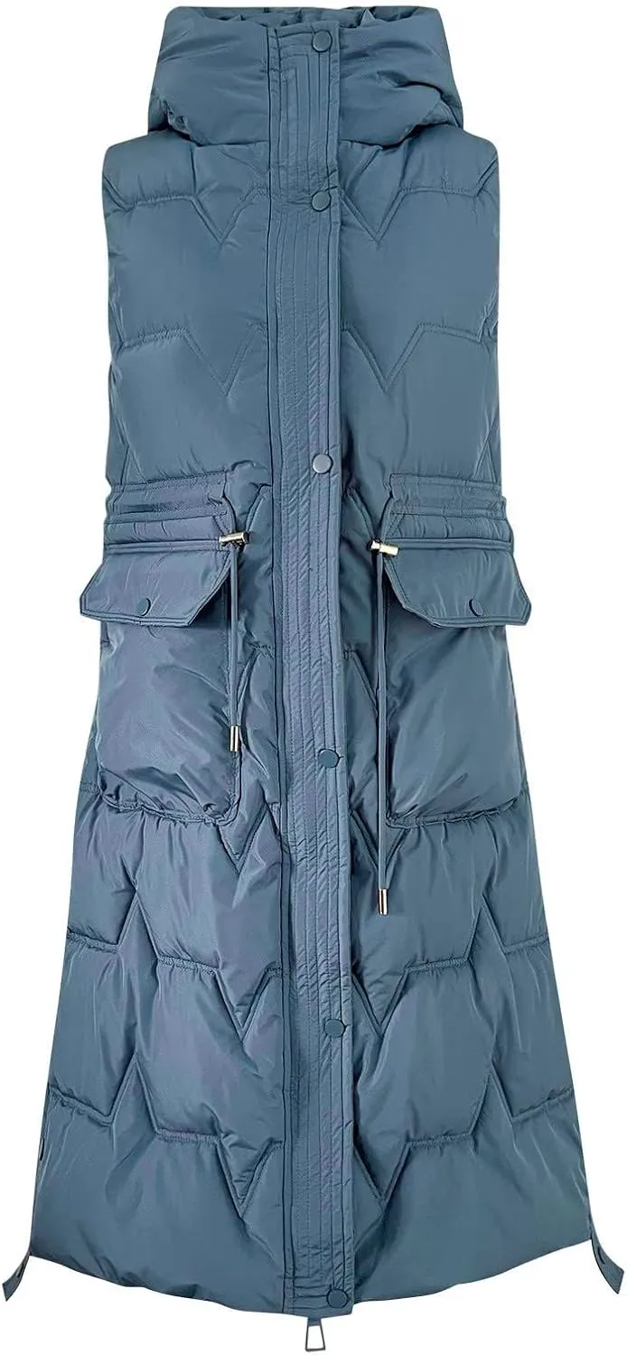 Womens Quilted Puffer Vest Maxi Length Sleeveless Hooded Coat Winter Warm Thickened Down Jacket Outerwear
