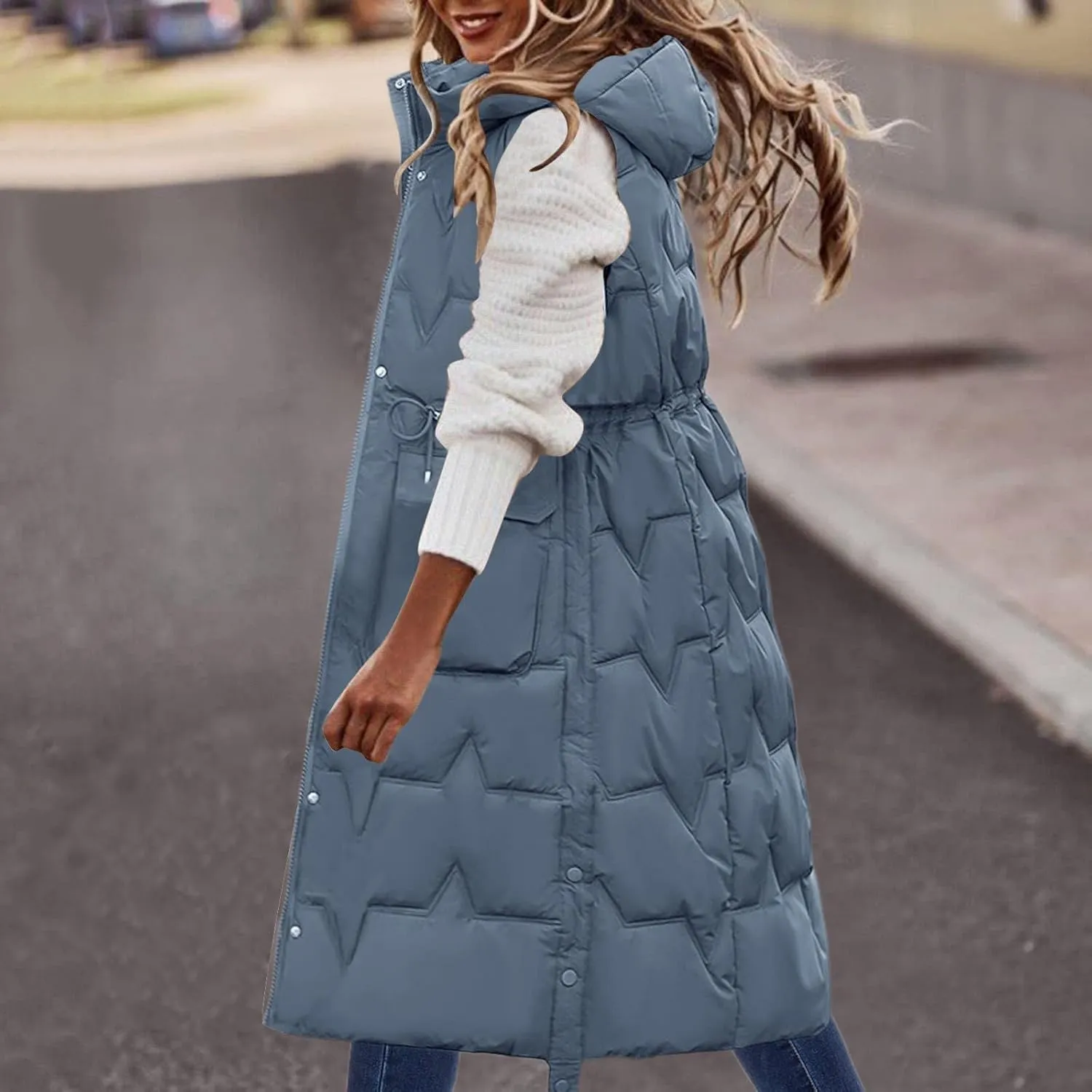 Womens Quilted Puffer Vest Maxi Length Sleeveless Hooded Coat Winter Warm Thickened Down Jacket Outerwear