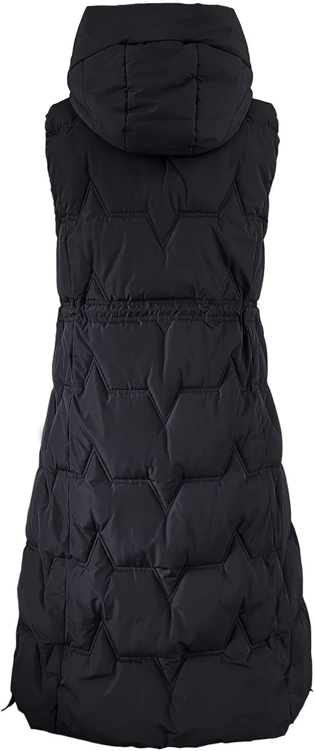 Womens Quilted Puffer Vest Maxi Length Sleeveless Hooded Coat Winter Warm Thickened Down Jacket Outerwear