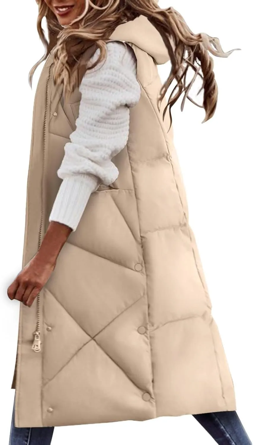 Womens Quilted Puffer Vest Maxi Length Sleeveless Hooded Coat Winter Warm Thickened Down Jacket Outerwear