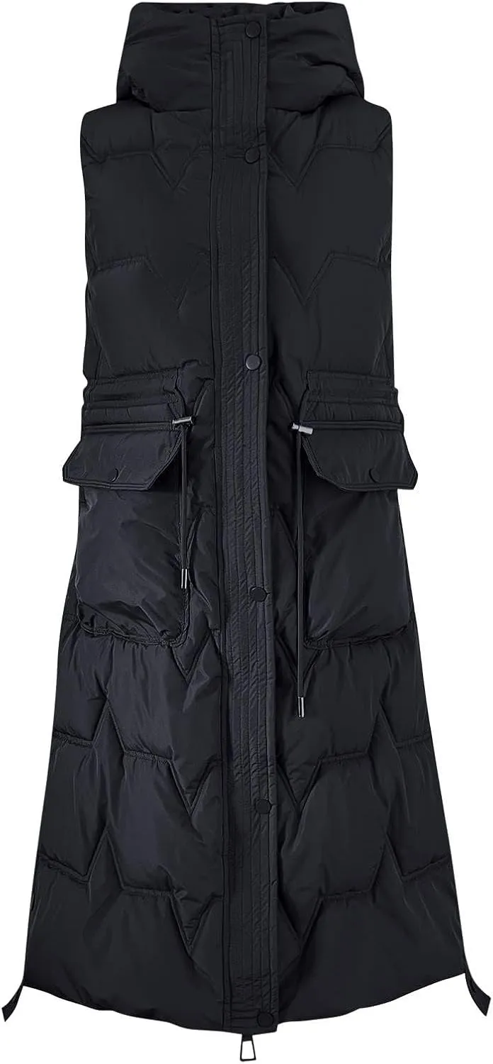 Womens Quilted Puffer Vest Maxi Length Sleeveless Hooded Coat Winter Warm Thickened Down Jacket Outerwear