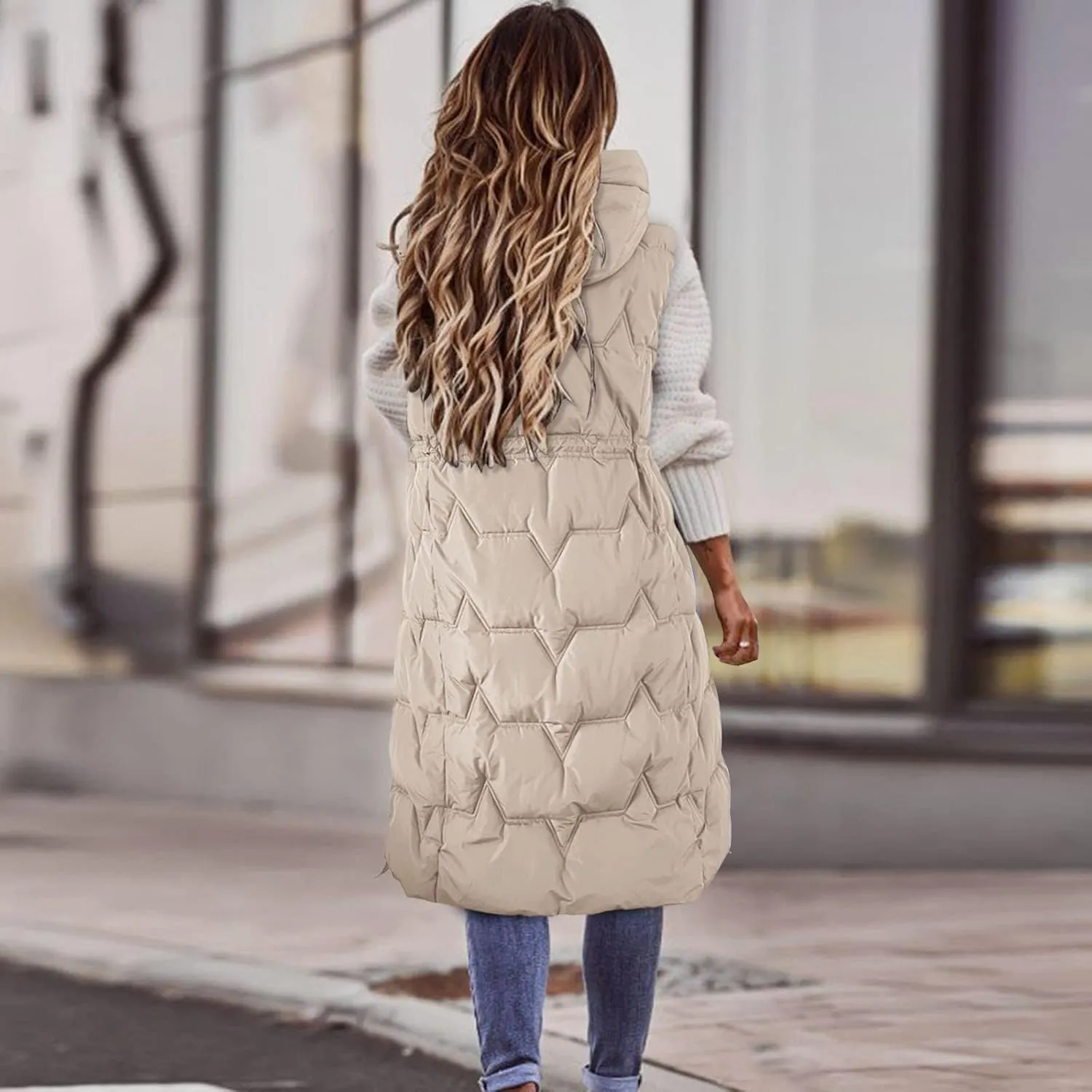 Womens Quilted Puffer Vest Maxi Length Sleeveless Hooded Coat Winter Warm Thickened Down Jacket Outerwear