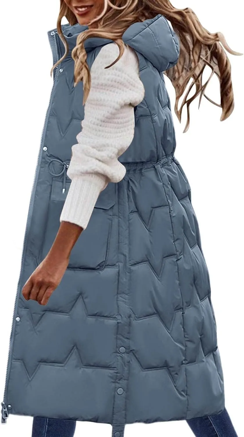 Womens Quilted Puffer Vest Maxi Length Sleeveless Hooded Coat Winter Warm Thickened Down Jacket Outerwear