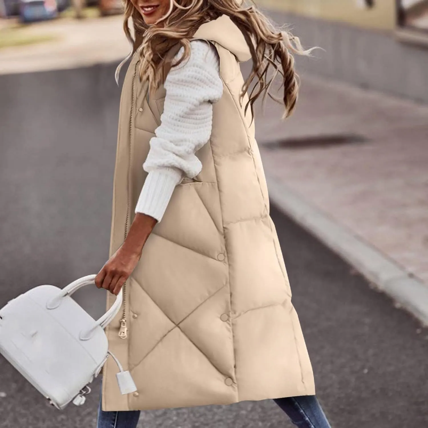 Womens Quilted Puffer Vest Maxi Length Sleeveless Hooded Coat Winter Warm Thickened Down Jacket Outerwear