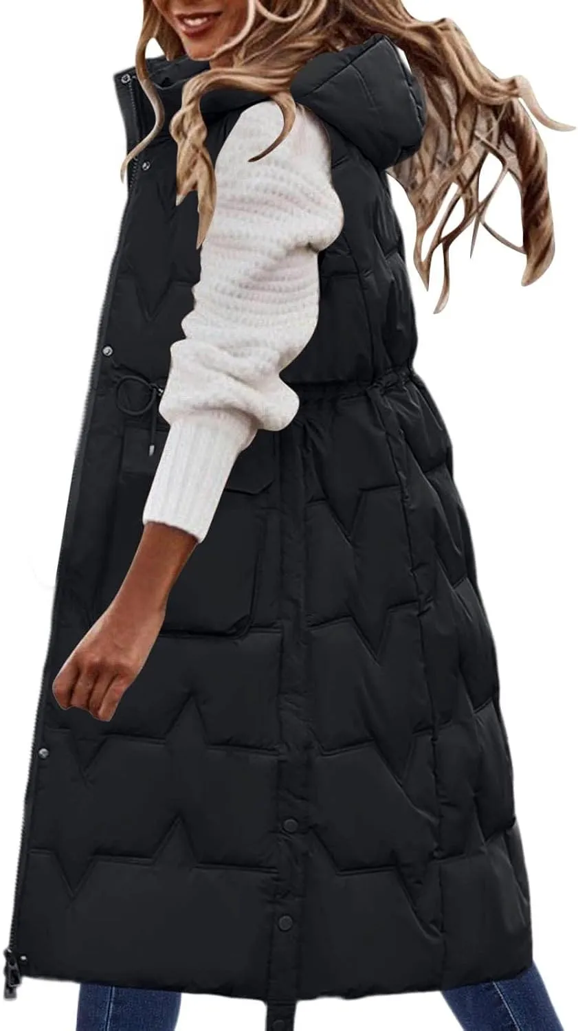 Womens Quilted Puffer Vest Maxi Length Sleeveless Hooded Coat Winter Warm Thickened Down Jacket Outerwear