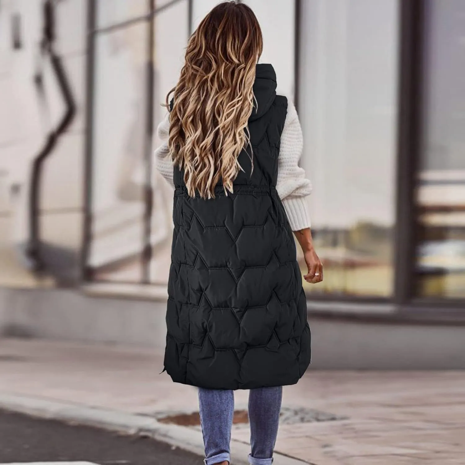 Womens Quilted Puffer Vest Maxi Length Sleeveless Hooded Coat Winter Warm Thickened Down Jacket Outerwear