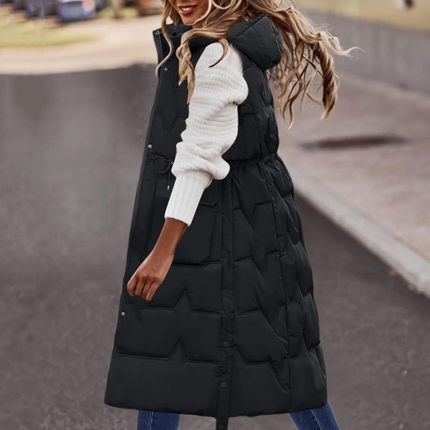 Womens Quilted Puffer Vest Maxi Length Sleeveless Hooded Coat Winter Warm Thickened Down Jacket Outerwear