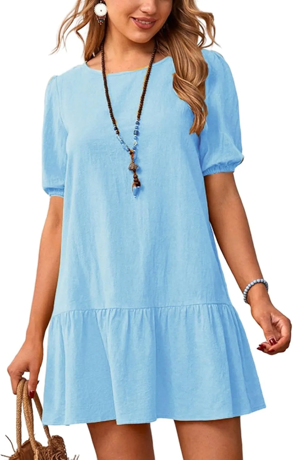 Womens Summer Cotton Linen Casual Dresses Beach Coverup Loose Short Sleeve Crewneck T Shirt Dress 2025 Midi Sundress