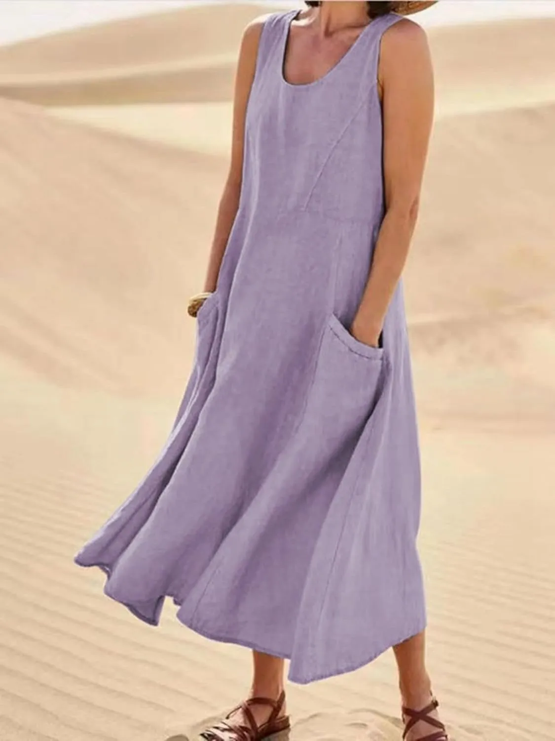 Women's Summer Cotton Linen Sleeveless Tank Long Dress Elegant Flowy Dresses Baggy Loose Solid Flowy Dresses Pockets