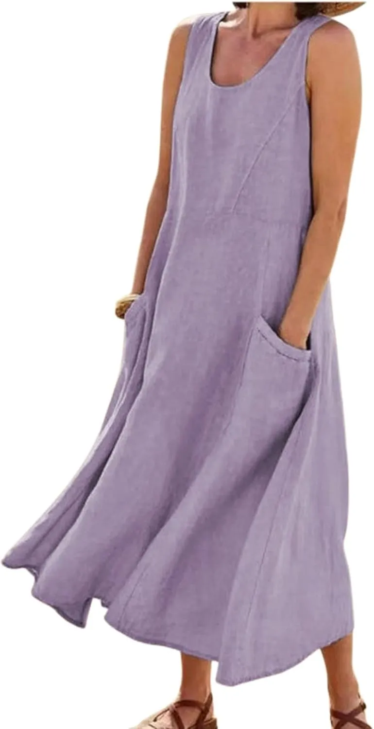 Women's Summer Cotton Linen Sleeveless Tank Long Dress Elegant Flowy Dresses Baggy Loose Solid Flowy Dresses Pockets