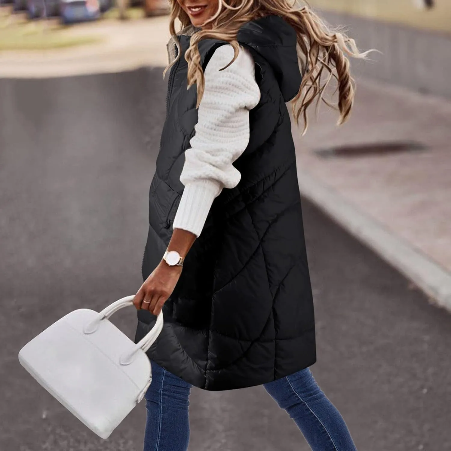 Women's Winter Puffer Jacket Vests with Hood Sleeveless Long Down Coats Pocket Full Zip Shaggy Warm Quilted Jackets