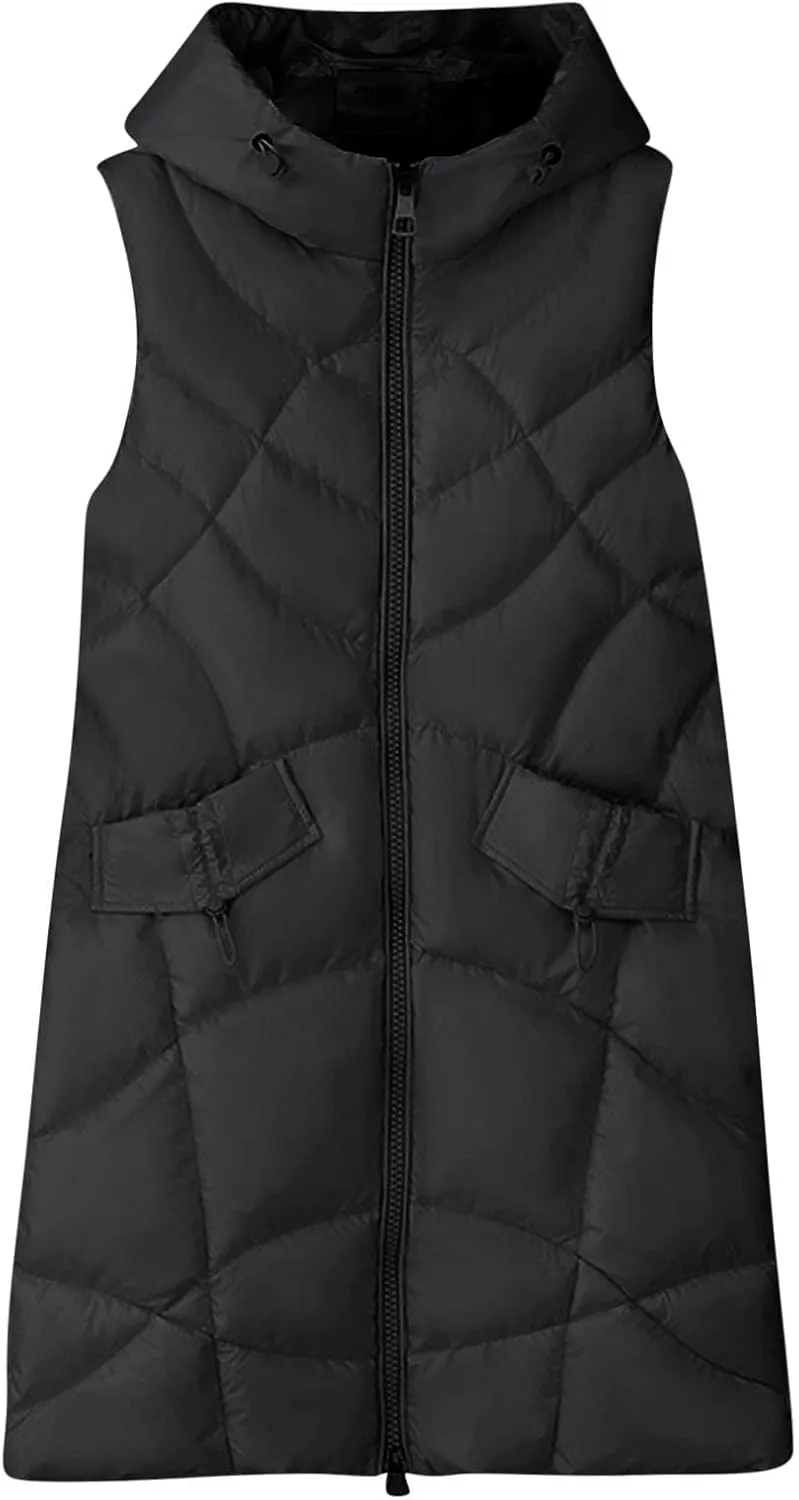 Women's Winter Puffer Jacket Vests with Hood Sleeveless Long Down Coats Pocket Full Zip Shaggy Warm Quilted Jackets