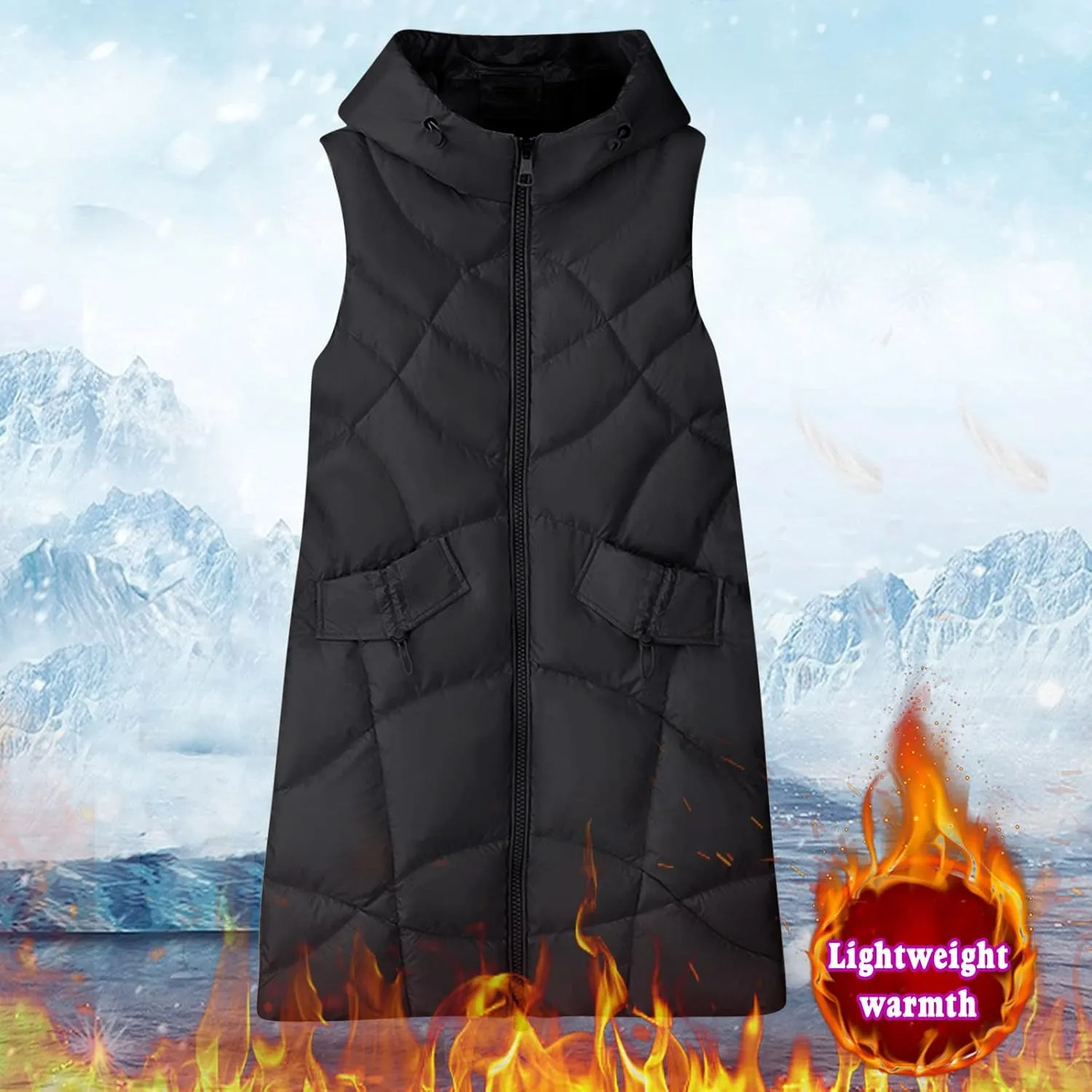Women's Winter Puffer Jacket Vests with Hood Sleeveless Long Down Coats Pocket Full Zip Shaggy Warm Quilted Jackets