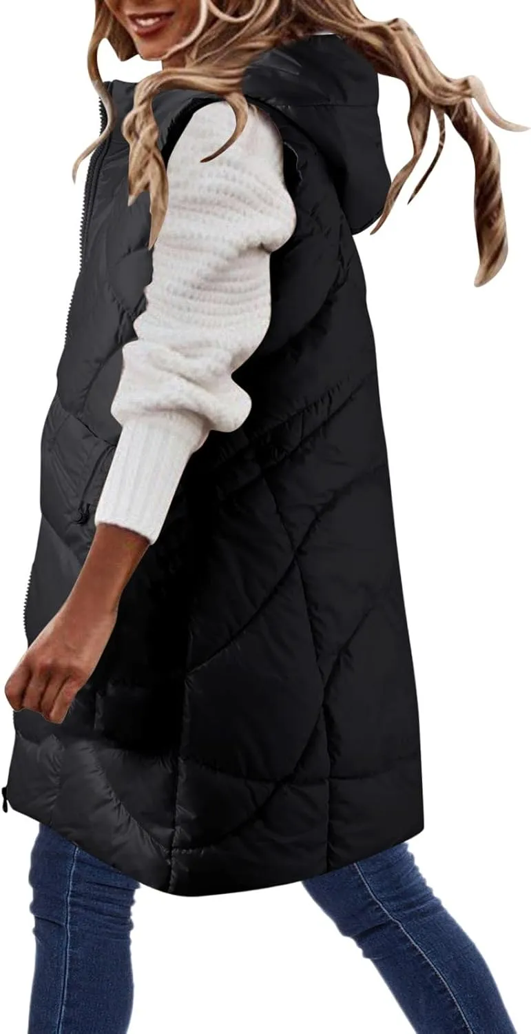 Women's Winter Puffer Jacket Vests with Hood Sleeveless Long Down Coats Pocket Full Zip Shaggy Warm Quilted Jackets