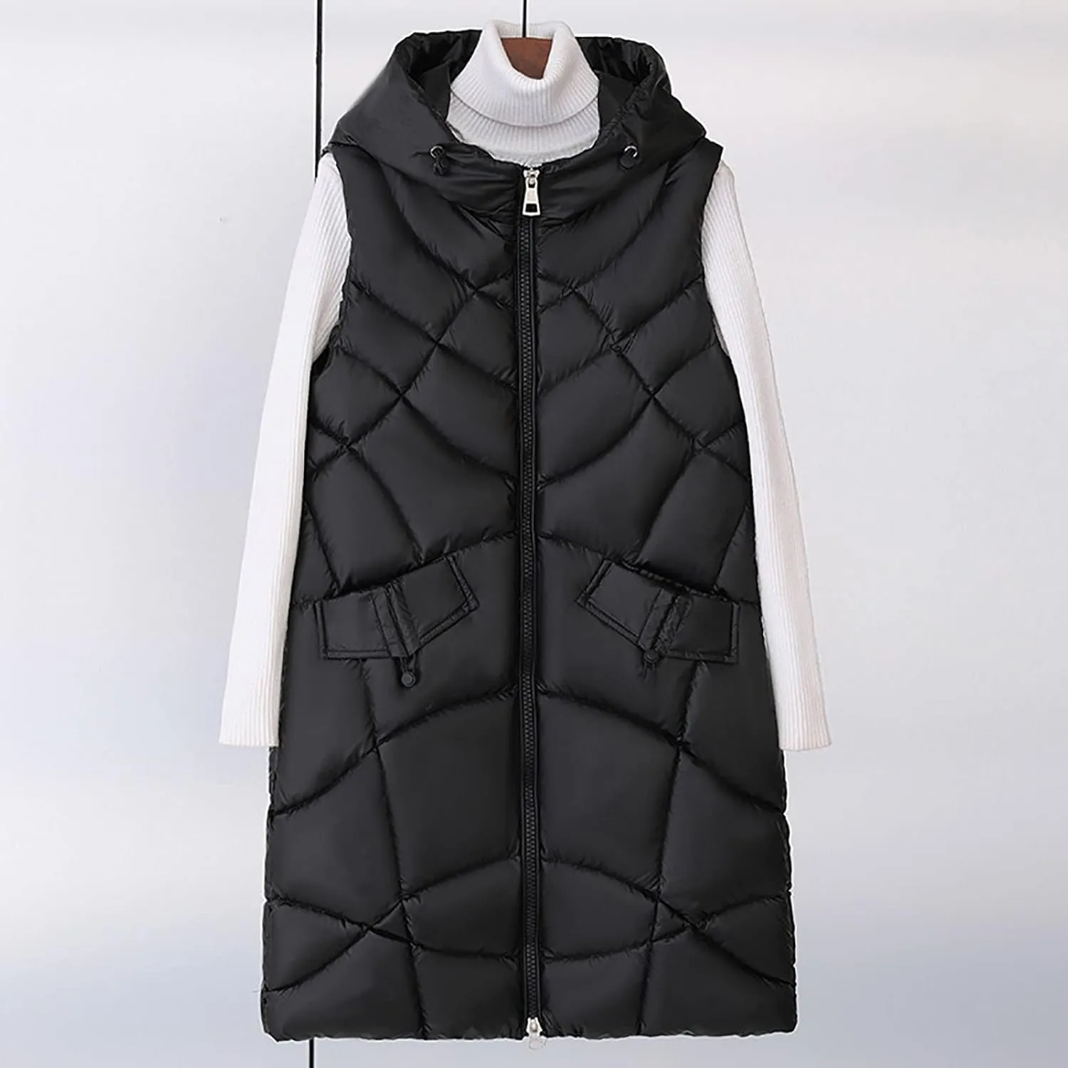 Women's Winter Puffer Jacket Vests with Hood Sleeveless Long Down Coats Pocket Full Zip Shaggy Warm Quilted Jackets