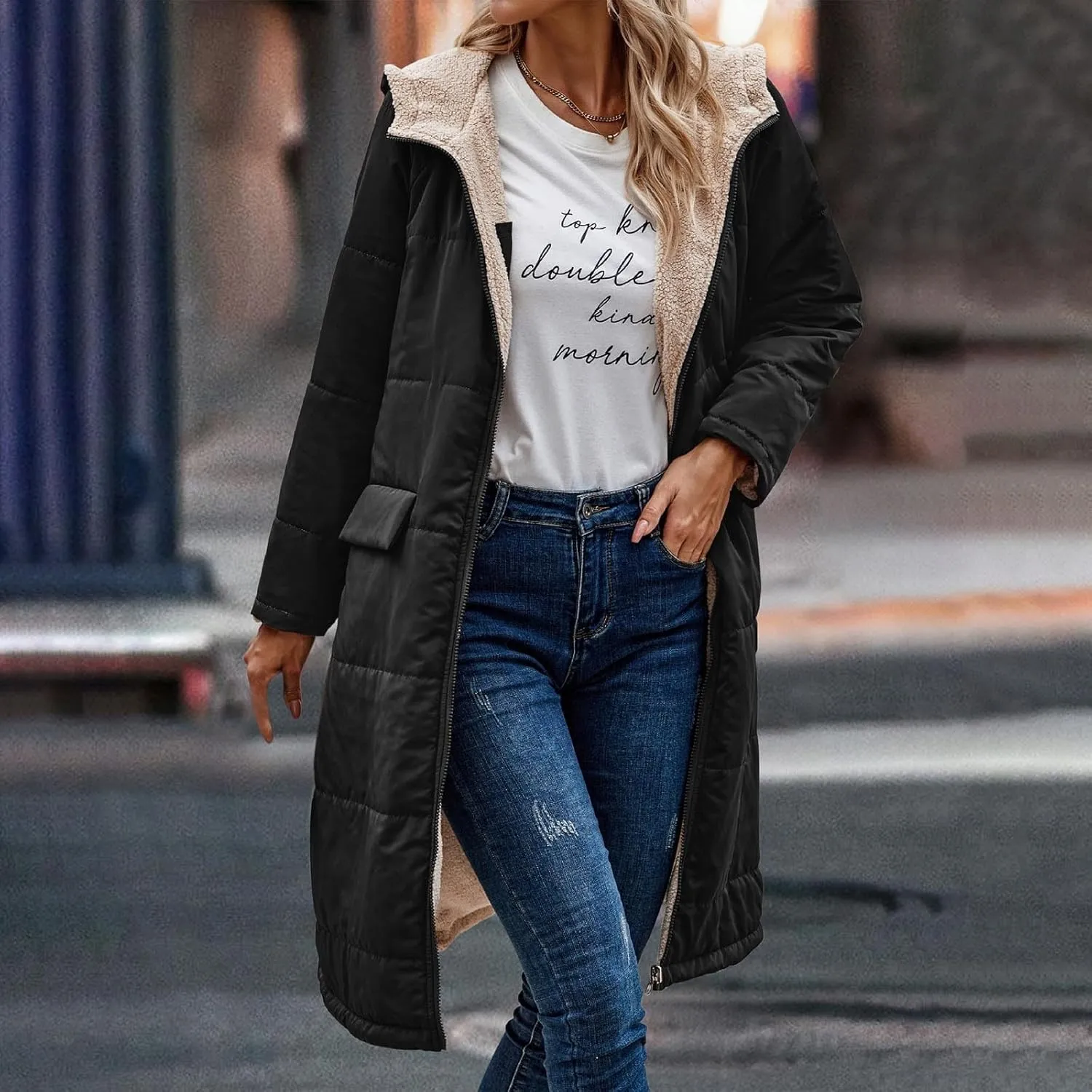 Womens Winter Warm Coats Sherpa Fleece Lined Long Hooded Puffer Jacket Thicken Fuzzy Outwear Oversized Coats Jackets