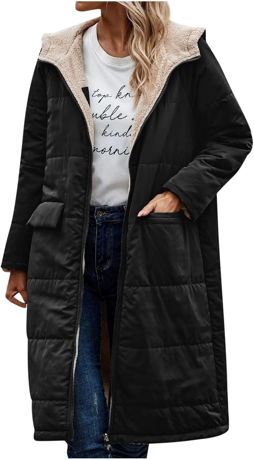 Womens Winter Warm Coats Sherpa Fleece Lined Long Hooded Puffer Jacket Thicken Fuzzy Outwear Oversized Coats Jackets