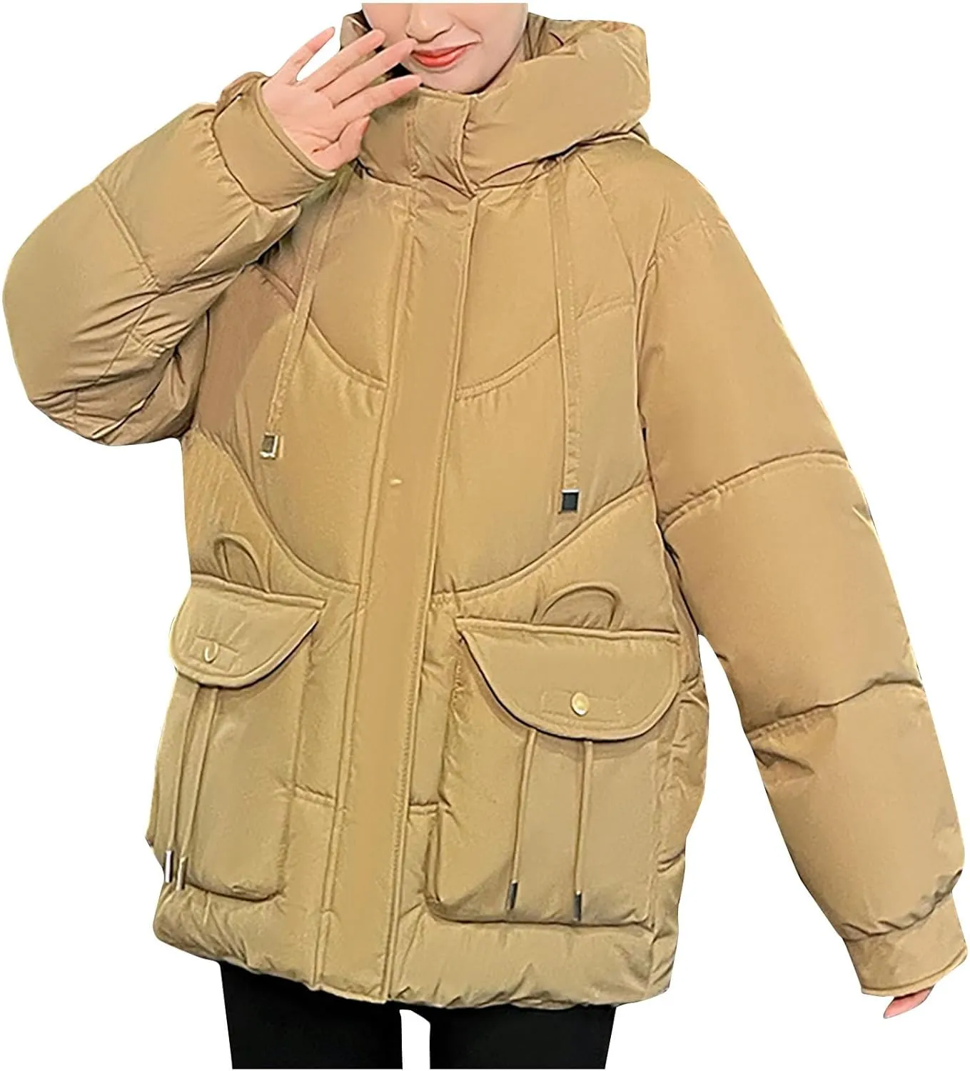 Women's Winter Zip Cropped Puffer Jacket Long Sleeve Warm Hooded Down Coats Loose Fit Quilted Jacket with Pocket