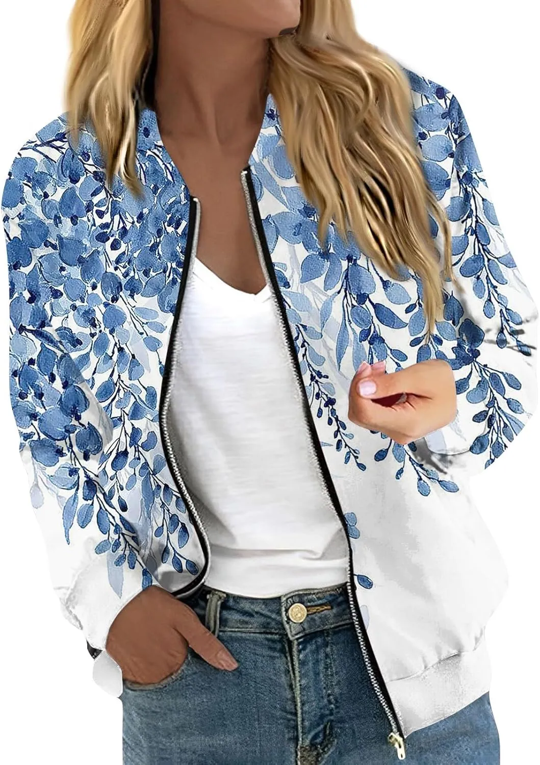Zip Up Jackets for Women 2024 Trendy Fall Causal Long Sleeve Zipper Coats Lightweight Cute Floral Outerwear Tops