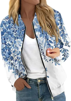 Zip Up Jackets for Women 2024 Trendy Fall Causal Long Sleeve Zipper Coats Lightweight Cute Floral Outerwear Tops