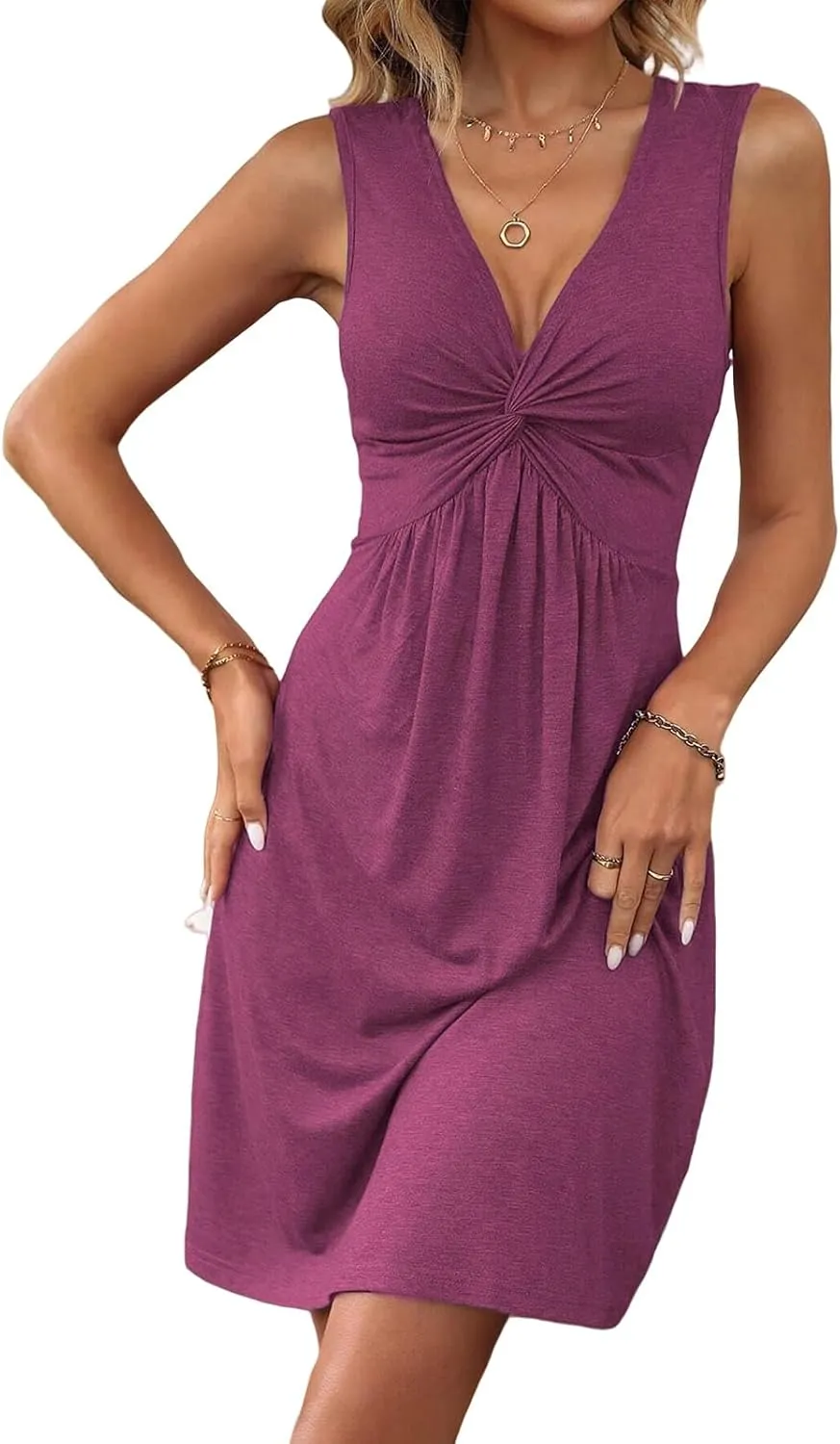 ZWRXW Sleeveless Dresses for Women 2025 Twist Front V Neck Ruffle Casual Summer Dress Sexy Cute Tunic Bodycon Mini Dresses